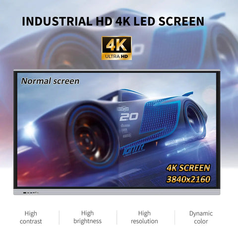 98 Inch 4K Interactive Smart Board Touchscreen Monitor With Android 13 And Native App Support highlighting Industrial HD 4K LED screen.