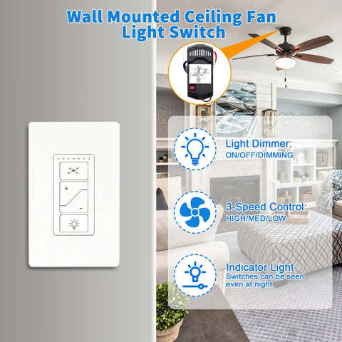 Ceiling Fan Remote Control Kit With Dimmer Light Switch, Wall Switch UC9050T Replacement shown on living room wall with features highlighted