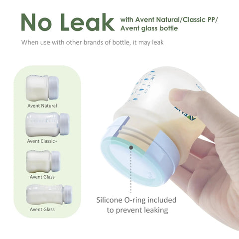 Leak Proof Travel Bottle Cap Set For Avent Bottles Six Pack With Silicone Sealing Ring Fits Avent Natural Polypropylene Glass And Classic Bottles Great For On The Go Moms Dads And Caregivers showing a sealed Avent bottle.