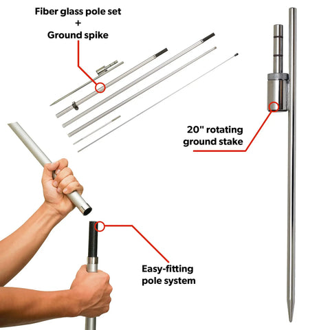 Feather Flag Pole Kit For Outdoor Advertising, 13 Feet Tall Swooper Pole With Rotating Ground Spike components shown