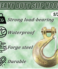 Heavy Duty 1/2 Inch G70 Clevis Chain Hooks With Safety Latch 6 Pack Grade 70 Forged Steel Gold Zinc Plated Trailer Towing Rigging Gear