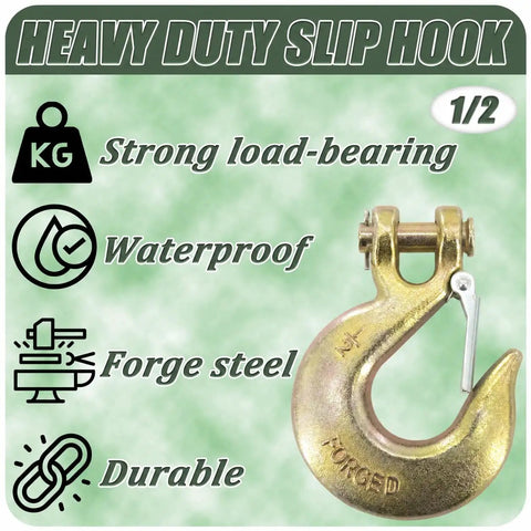 Heavy Duty 1/2 Inch G70 Clevis Chain Hooks With Safety Latch 6 Pack Grade 70 Forged Steel Gold Zinc Plated Trailer Towing Rigging Gear