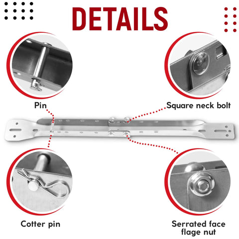 Adjustable Garage Door Reinforcement Bracket With Two Piece Design Extending 18 21 24 Inches Galvanized Steel Construction Beefed Up Corrosion Resistant Includes Pin And Hardware For Sectional Doors details showing pin, square neck bolt, cotter pin, and serrated face flange nut.