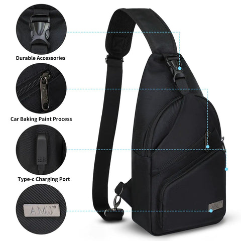 Mens Sling Pack With Upgraded Type C Charge Port Water Resistant Nylon Crossbody Daypack with five pockets in black