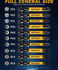 Front view of DTTIYXI 10-piece magnetic screwdriver bit set; S2 steel, 1/4" hex shank; PH/PZ/SL bits