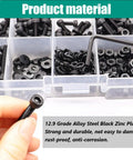 Close-up of 380 Piece M4 Hex Socket Head Screws Kit with nuts, washers, wrench in case, 12.9 grade alloy steel, rust proof.