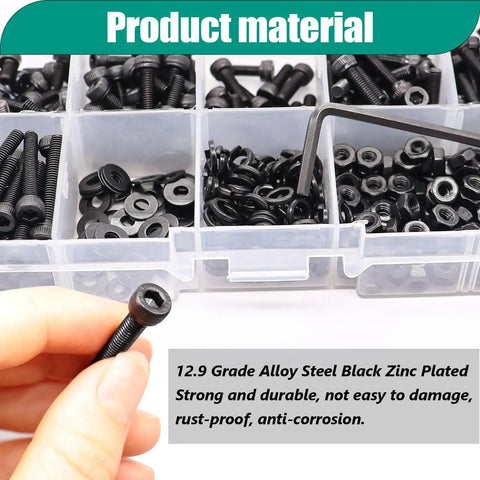Close-up of 380 Piece M4 Hex Socket Head Screws Kit with nuts, washers, wrench in case, 12.9 grade alloy steel, rust proof.