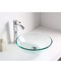 Modern Tempered Glass Vessel Sink Bowl For Bathroom, Clear Round Above-Counter Top Mount Vanity With Pop Up Drain, Model LS-AZ087