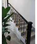 Built Tough Adjustable Stair Railing Spindles And Deck Balusters Made From Wrought Iron With Rust Proof Coating Great For Interior Steps Exterior Landings Featuring Flexible Mounting Brackets And Crisp Black Gold Modern Columns 10 Pack on staircase.