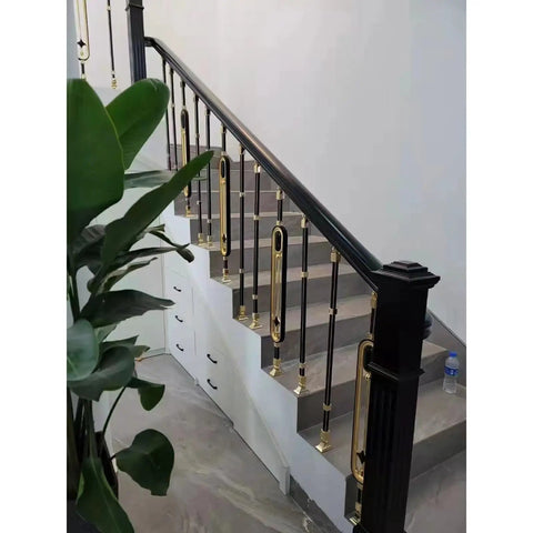 Built Tough Adjustable Stair Railing Spindles And Deck Balusters Made From Wrought Iron With Rust Proof Coating Great For Interior Steps Exterior Landings Featuring Flexible Mounting Brackets And Crisp Black Gold Modern Columns 10 Pack on staircase.