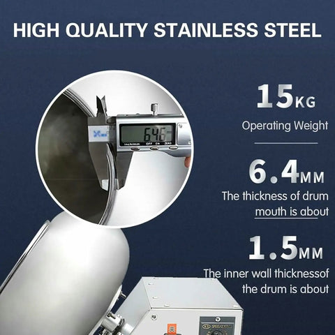 Kickass Commercial Sugar Coating Machine And Electric Candy Polisher Featuring Nine Variable Speeds Plus Integrated Dry Cycle measurement of stainless steel drum thickness.
