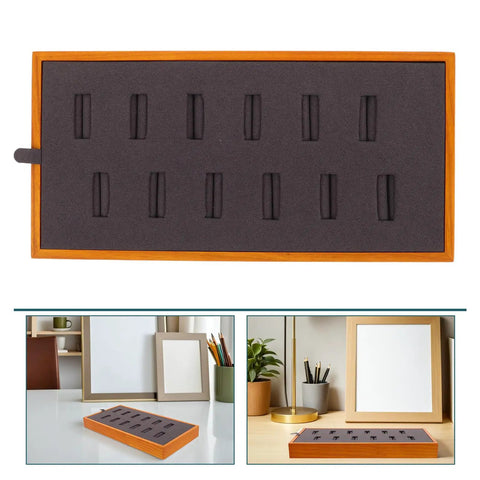 Top view of Slick Gray Solid Wood Jewelry Display Tray Featuring 12 Ring Slots Top Shelf Storage Organizer Box with plush gray interior.
