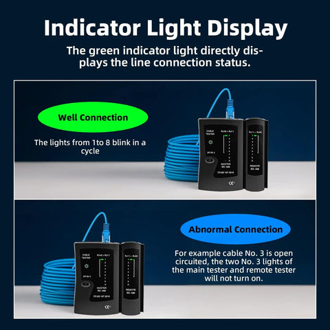 RJ45 RJ11 Ethernet Cable Tester For CAT5e To CAT7, master and remote units with LED line status display