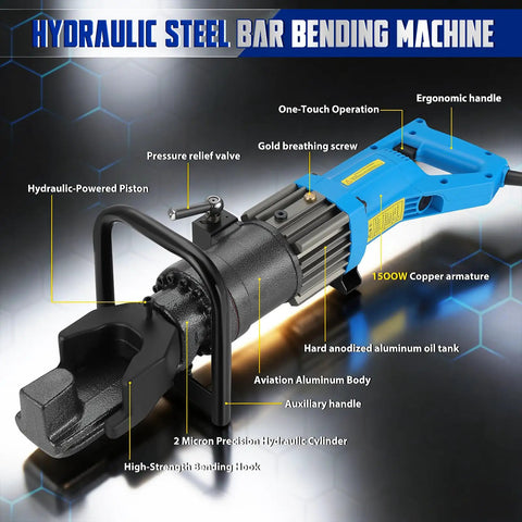 Heavy Duty 1400W Electric Hydraulic Rebar Bender Machine features hydraulic piston and ergonomic design for easy use.
