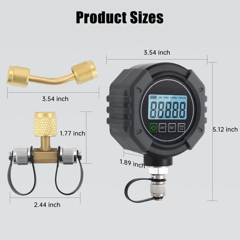 Product Sizes for Dope Digital Vacuum Gauge For HVAC Evacuation Zero To Seventy Five Thousand Microns Range One Quarter Inch SAE Connection Pro Grade Digital Pressure Tester Meter With Three Way Connection And Extended Rod Portable High Accuracy Tool, 5.12 inch