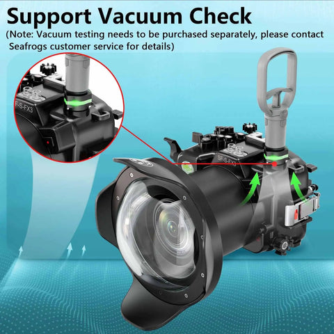 Underwater Housing For Sony FX3 And FX30 With WA005F 6 Inch Dome Port Kit 130ft Waterproof Case vacuum check feature highlighted.