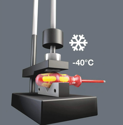 Phillips Head Screwdrivers Multi Tool Kit With Slim Kraftform Handle tested for durability at -40°C with snowflake symbol