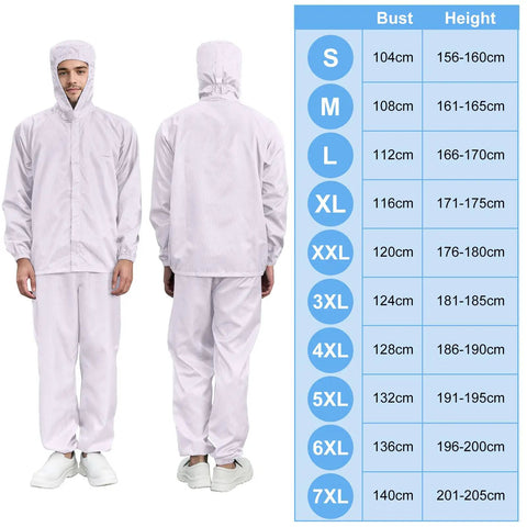 Versatile Two Piece Cleanroom Suit With Built Hood And Ultra Breathable Fabric Designed For Zero Sweat On The Shop Floor, shown on a model from the back with size guide.