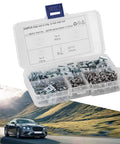 Manganese Steel Self Tapping Screws Kit For Motor Vehicles, 200 Pieces, Zinc Coated Rust Resistant Fixings box on road background