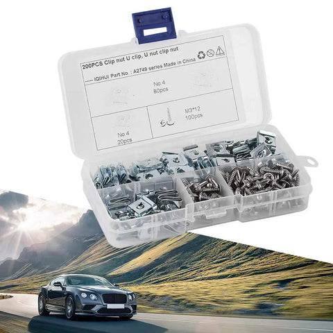 Manganese Steel Self Tapping Screws Kit For Motor Vehicles, 200 Pieces, Zinc Coated Rust Resistant Fixings box on road background