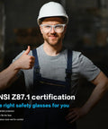 Man wearing Heavy Duty 72 Pack Safety Glasses With Side Shields And Rock Solid Ansi Z87 Plus Certification, smiling with helmet.