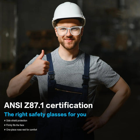 Man wearing Heavy Duty 72 Pack Safety Glasses With Side Shields And Rock Solid Ansi Z87 Plus Certification, smiling with helmet.
