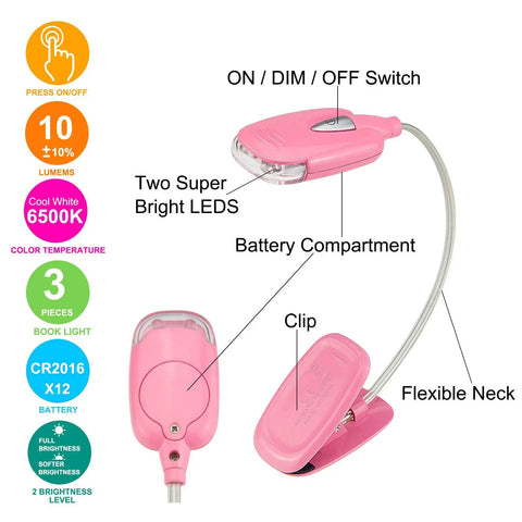 Kids Clip On Reading Light 3 Pack Battery Operated Dimmable Lamp With 12 CR2016 Batteries Included Flexible 360 Degree Neck For Bedtime Reading
