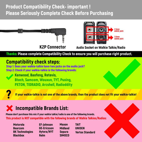 Diagram showing compatibility check for Speaker Microphone for Kenwood Two Way Radios with 2-pin connector and incompatible brands list