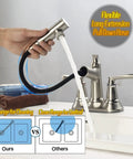 Brushed Nickel Bathroom Faucet With Pull Out Sprayer For 3 Hole 4 Inch Centerset Vanity Lavatory Sink Eco Friendly 304 Stainless Steel Construction in use