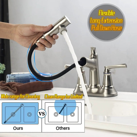 Brushed Nickel Bathroom Faucet With Pull Out Sprayer For 3 Hole 4 Inch Centerset Vanity Lavatory Sink Eco Friendly 304 Stainless Steel Construction in use