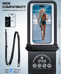 Double Pocket Waterproof Phone Pouch With IPX8 Dry Bag and Hidden Card Key Wallet, shown with strap and phone inside, fits up to 7.5 inches.