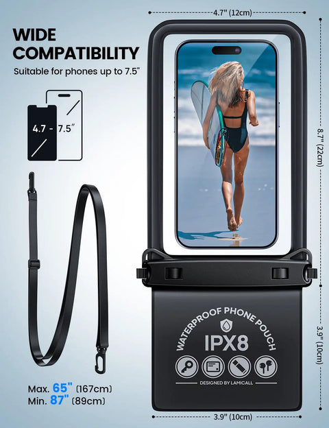Double Pocket Waterproof Phone Pouch With IPX8 Dry Bag and Hidden Card Key Wallet, shown with strap and phone inside, fits up to 7.5 inches.