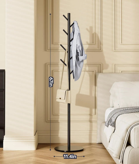 Heavy-Duty Metal Coat Rack With Eight Hooks, Three Adjustable Heights, Modern Hall Tree, Freestanding Clothes Stand With Sintered Stone Base, Black, in bedroom corner