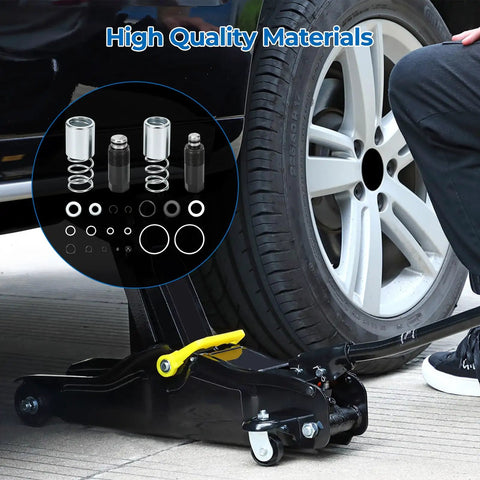 Floor Jack Replacement Parts Kit For 3 Ton Dual Pump Jacks With Piston Plunger Assemblies And Hydraulic Seal Kit shown with tire