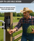 Hella Tough Double Action Barn Gate Latch Kit With Built In Padlock Eye For Round Pipe Metal Fencing Plus Complete Mounting Hardware In Corrosion Resistant Black Zinc Coating used by a farmer.
