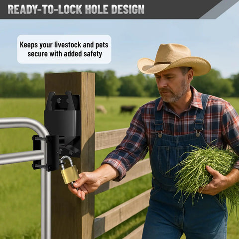 Hella Tough Double Action Barn Gate Latch Kit With Built In Padlock Eye For Round Pipe Metal Fencing Plus Complete Mounting Hardware In Corrosion Resistant Black Zinc Coating used by a farmer.