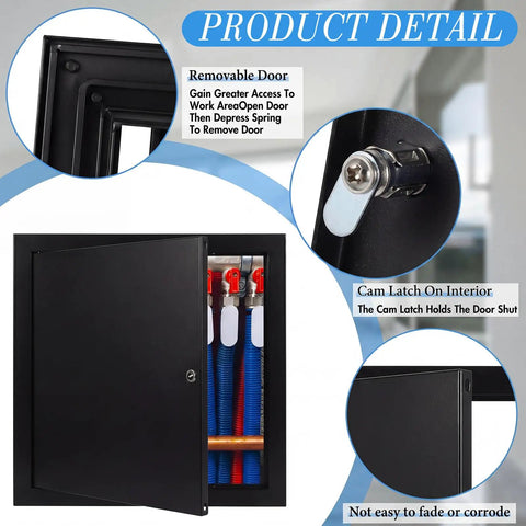 Heavy Duty Aluminum Access Panel For Drywall With Hinged Black Finish 12 By 12 Inch showing removable door and cam latch details.