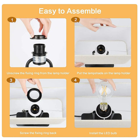 Instructions for assembling 3-Way Dimmable Noiseless Touch Control Table Lamp with 2 USB Ports and AC Power Outlet, showing steps.