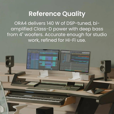 ORA4 Powered Bluetooth Desktop Speakers Pair Matte Black With Rich Stereo Sound in a modern desk setup with monitors