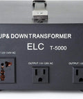 Front view of Beefy ELC T-5000 5000-Watt Voltage Converter Transformer for Home Use with multiple sockets and power indicator.