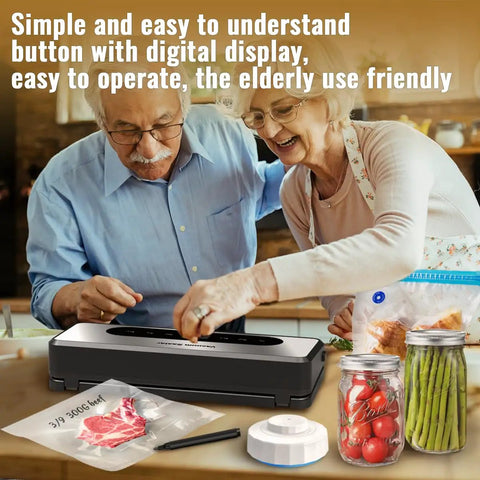 Elderly couple using 8 In 1 Food Vacuum Sealer Machine With Canning Sealer on kitchen counter with accessories displayed.