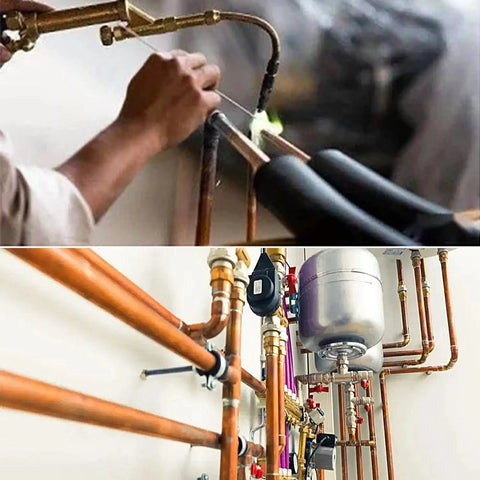 Plumber using torch on copper pipes highlighting One Quarter By Three Eighths Inch Copper Reducer Coupling For HVAC Systems Refrigeration