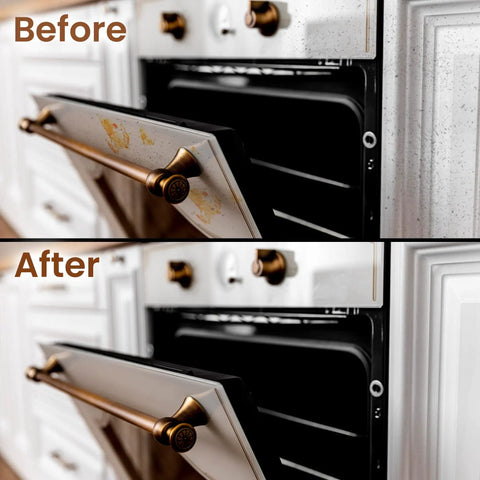 Before and after cleaning results of an oven door and handle, showing significant improvement in cleanliness.