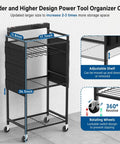 Power Tool Organizer Cart With 8 Outlet 3 USB Charging Station On Wheels, Heavy Duty Rolling Tool Storage Cart For Drills Batteries And Tools, 10 Ft Power Strip, Black. Adjustable shelves, dimensions displayed.