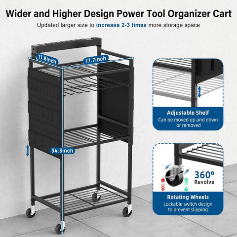 Power Tool Organizer Cart With 8 Outlet 3 USB Charging Station On Wheels, Heavy Duty Rolling Tool Storage Cart For Drills Batteries And Tools, 10 Ft Power Strip, Black. Adjustable shelves, dimensions displayed.