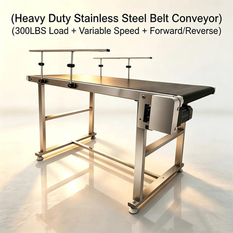 Beefy Mini Conveyor Belt With Guardrails, 55x22 Inch Stainless Steel Frame, Variable Speed 3-120 RPM, Forward Reverse PVC Belt Conveyor Machine