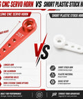 Five Pack Aluminum 25T Servo Horns 37mm With Four Hole Arms For Off Road RC Crawlers And Buggies Tight 25T Spline CNC Machined Durable Aluminum Beef Up Steering With Less Slop And Delay For Precise Control. Comparison of 37mm red CNC aluminum 25T servo horn and white plastic stock horn