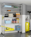 Badass 82 Inch 6 Tier Rolling Wire Shelving Cart With Heavy Duty Carbon Steel Base holding tools and storage bins in garage.