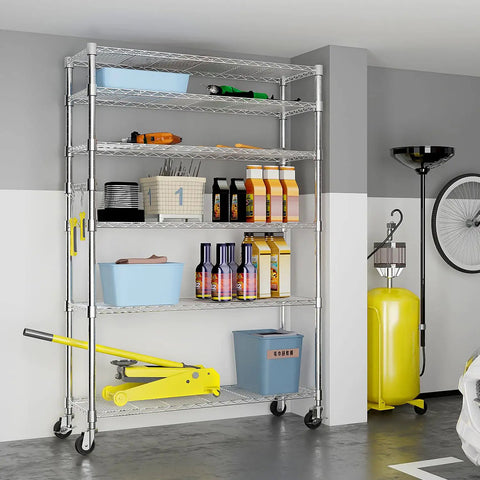 Badass 82 Inch 6 Tier Rolling Wire Shelving Cart With Heavy Duty Carbon Steel Base holding tools and storage bins in garage.