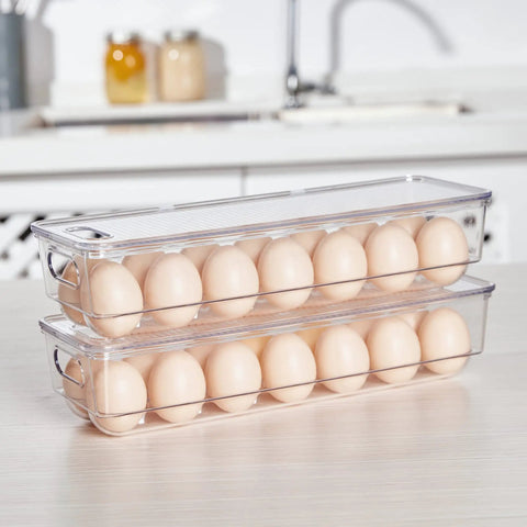Clear Stackable Egg Organizer For Fridge Fits 14 Eggs BPA Free Plastic Storage Bin For Fridge Organization Durable No Mess Crystal Clear Tray Set 2 Pack Bundle